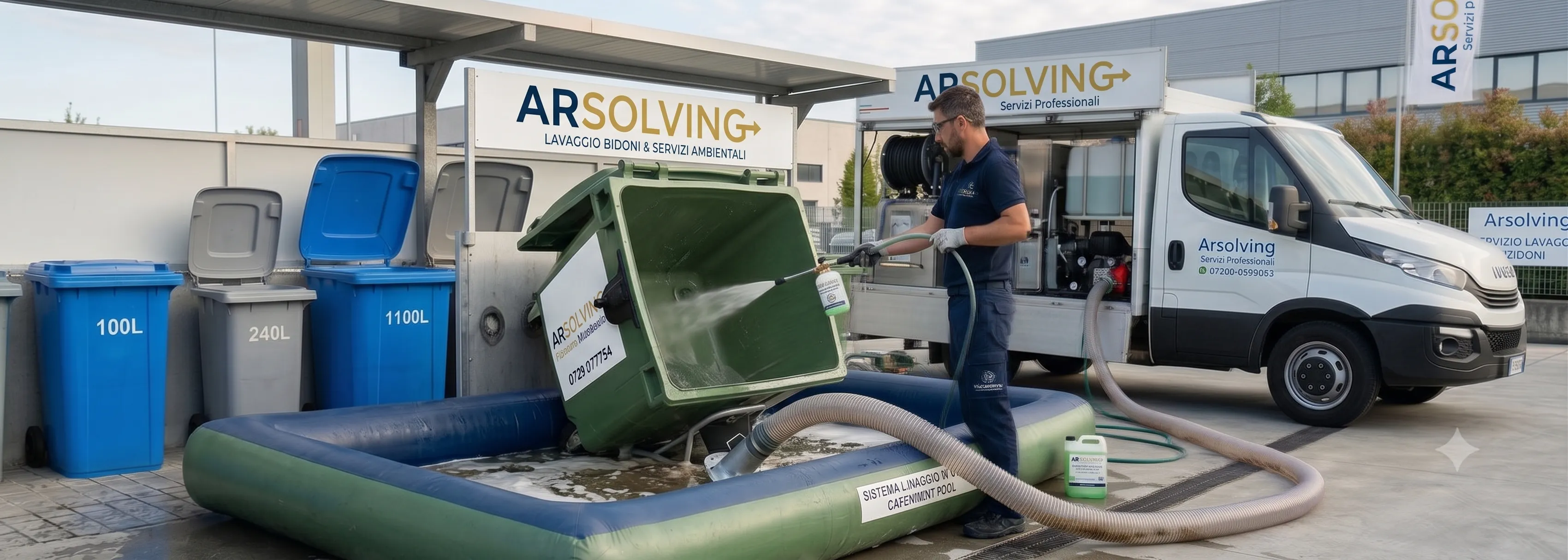 Operatore ARSOLVING durante il lavaggio ad alta pressione dell'isola ecologica